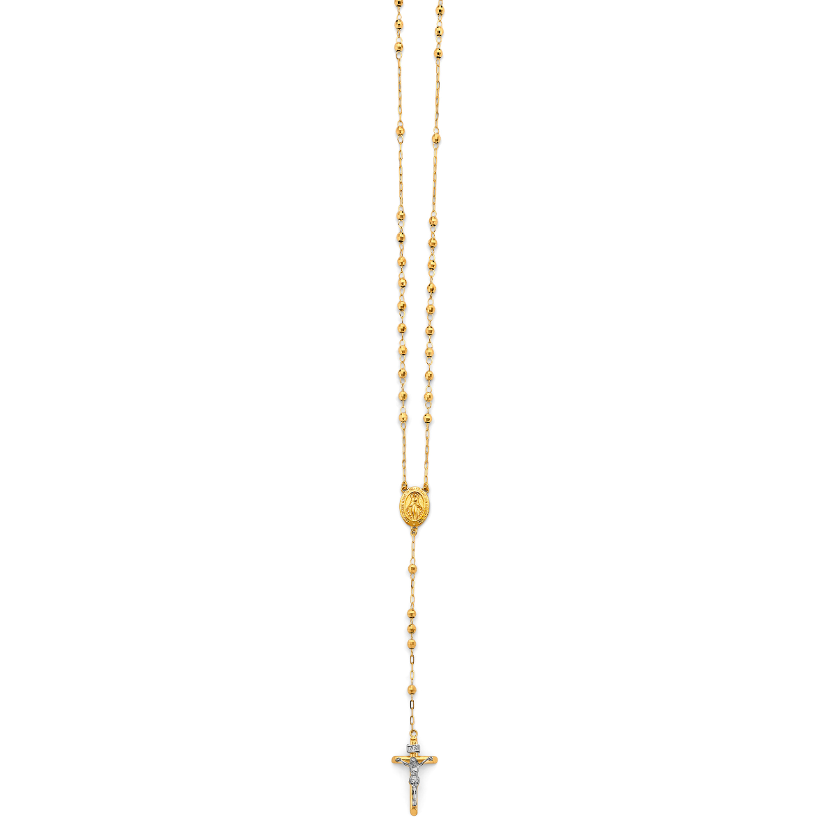 14K Two-Tone Gold 3mm Disco Ball Beaded Rosary Chain Necklace with Cross – 26"