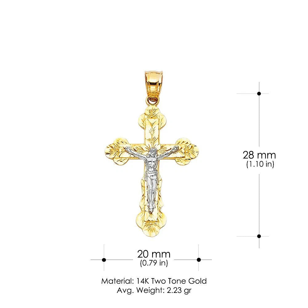 A two-tone gold crucifix pendant with a silver-toned figure of Jesus, shown on a white background with dimension lines indicating 28 mm height and 20 mm width, plus text noting 14K Two Tone Gold material and average weight 2.23 gr.