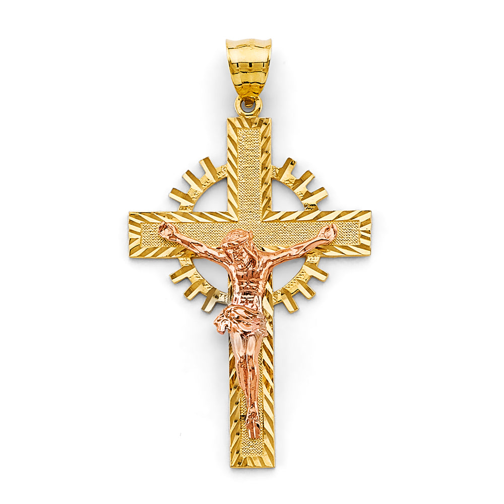 14K Tri-Color Gold Christian Crucifix Cross Charm Religious Pendant