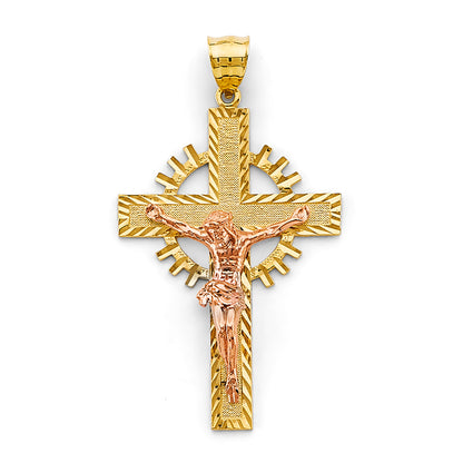 14K Tri-Color Gold Christian Crucifix Cross Charm Religious Pendant