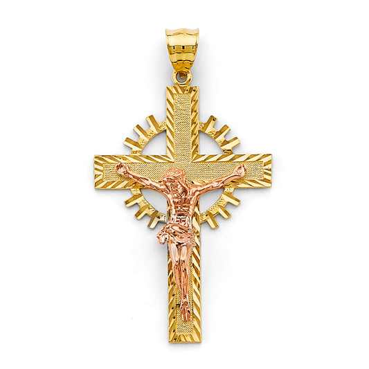 14K Tri-Color Gold Christian Crucifix Cross Charm Religious Pendant