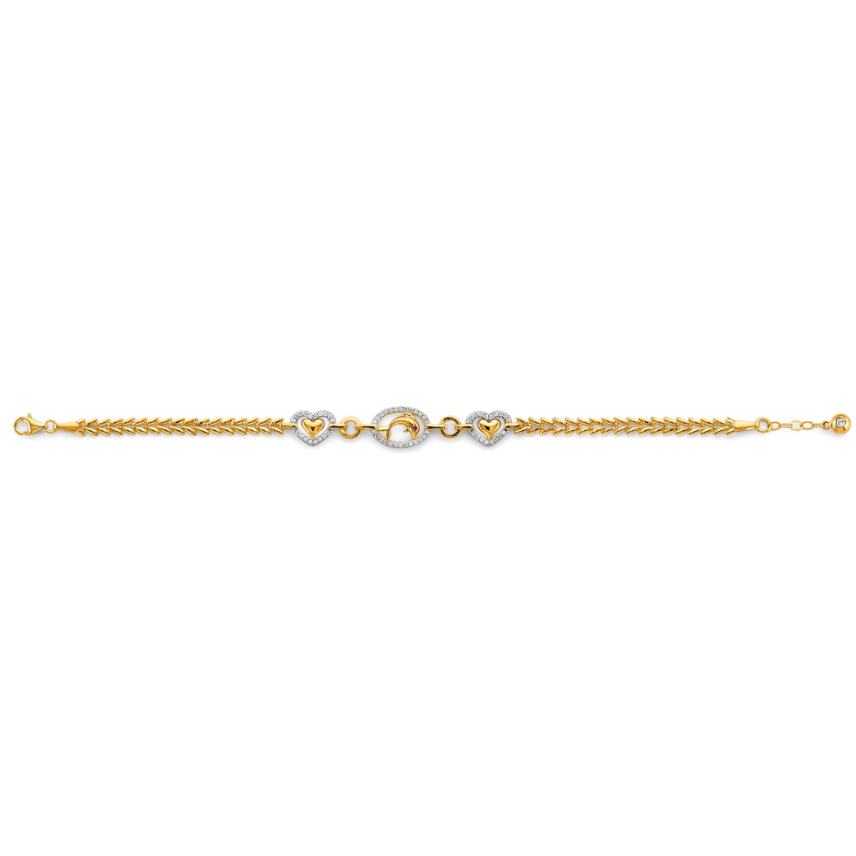 14K Yellow Gold CZ Heart & Dolphin Bracelet - Cute Animal Charm Jewelry for Women
