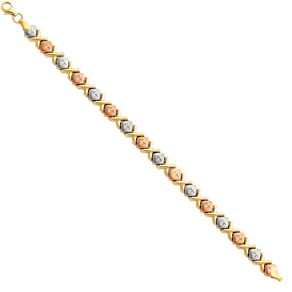 Tri-color gold bracelet on a white background available on the TX.ORO website.
