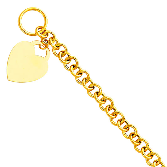 14K Yellow Gold Hollow Bracelet with Heart Pendant Dainty Chain for Women - 7.5"