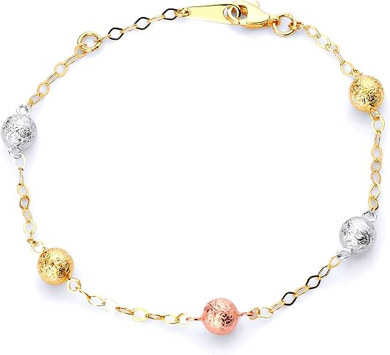 Gold, silver, and rose gold beaded bracelet on a white background available on the TX.ORO website.