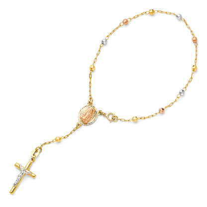 Gold rosary bracelet with cross and circular pendant on a white  background availabe on TX.ORO website.