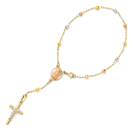 Gold rosary bracelet with cross and circular pendant on a white  background availabe on TX.ORO website.