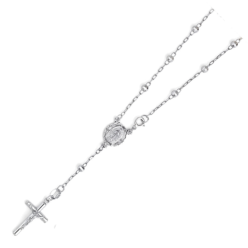 Silver rosary necklace on a white background availabe on TX.ORO website.
