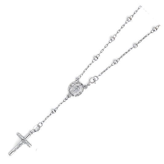 Silver rosary necklace on a white background availabe on TX.ORO website.