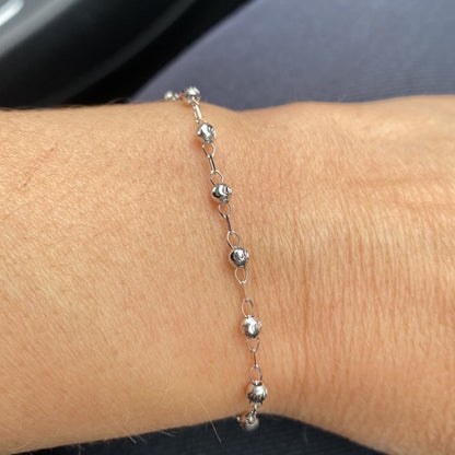 14K White Gold 3mm Moon Ball Rosary Bracelet with Cross - Catholic Religious Bracelet