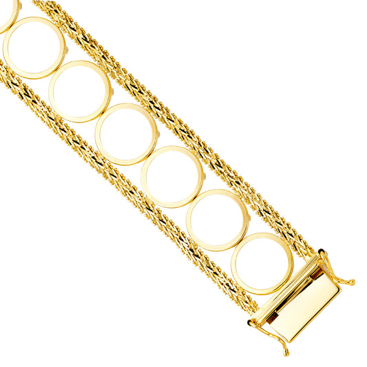Gold bracelet with circular links on a white background available on the TX.ORO website.
