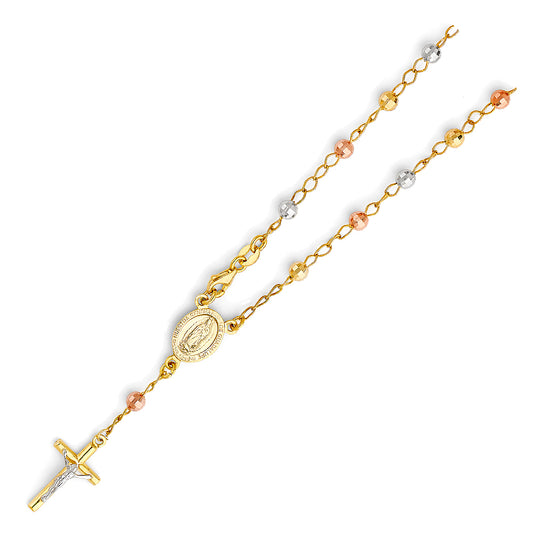 Gold rosary chain with a cross and medal on a white background availabe on TX.ORO website.