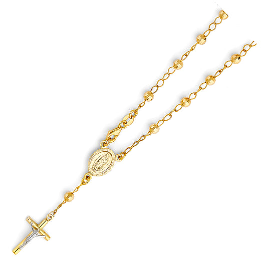 Gold rosary chain with a cross and medal on a white background availabe on TX.ORO website.