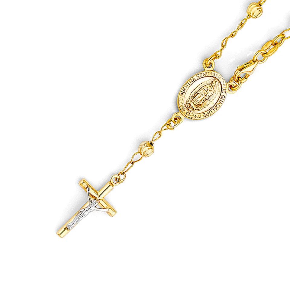 Gold rosary with a cross and medal on a white background availabe on TX.ORO website.