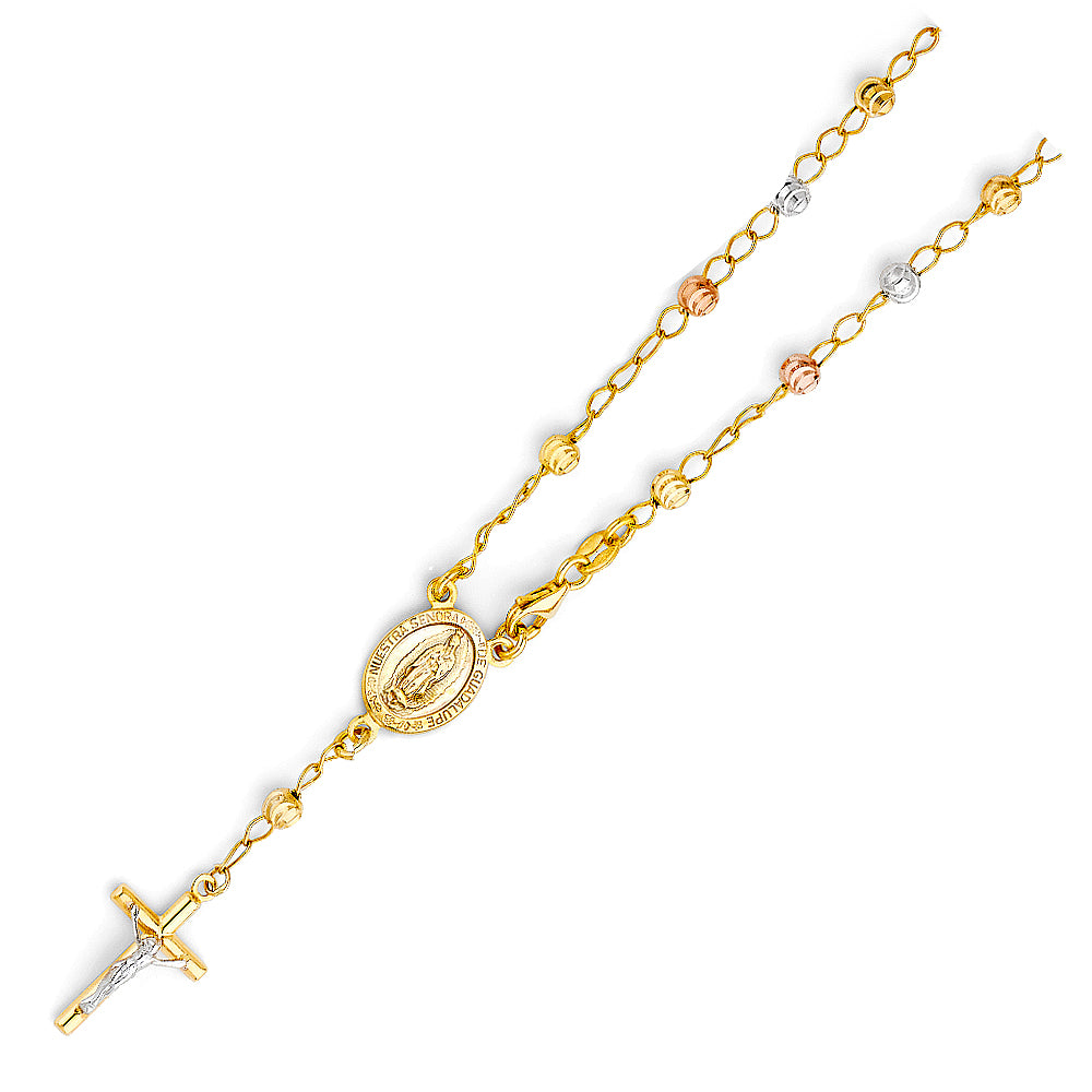 Gold rosary chain with a central medallion on a white background availabe on TX.ORO website.