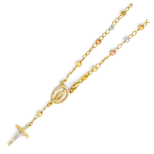 Gold rosary chain with a central medallion on a white background availabe on TX.ORO website.