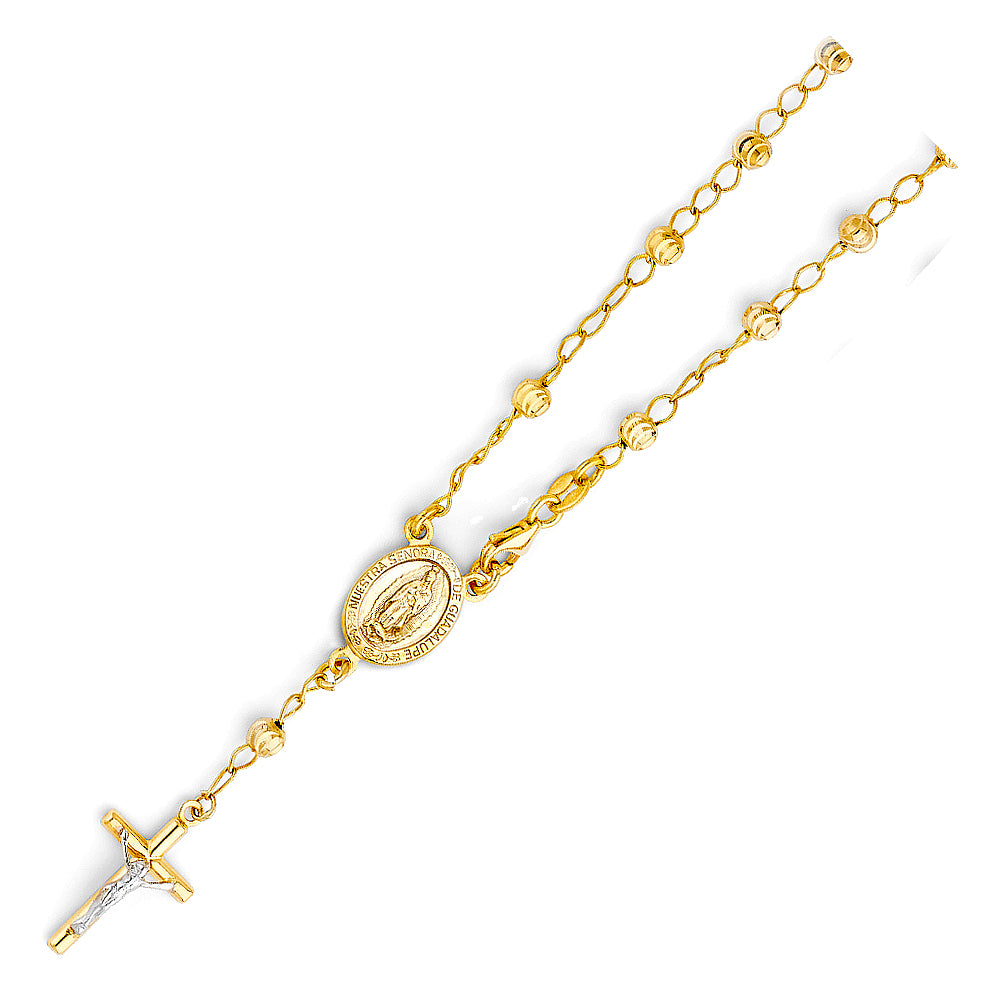 Gold rosary bracelet with a central pendant on a white background availabe on TX.ORO website.