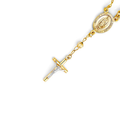 Gold rosary necklace with a cross and medal on a white background availabe on TX.ORO website.