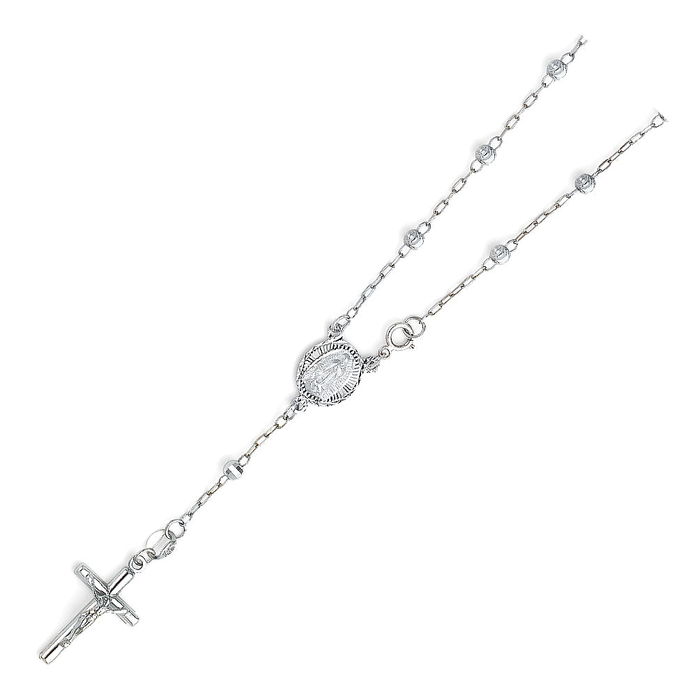 Silver rosary necklace on a white background availabe on TX.ORO website.