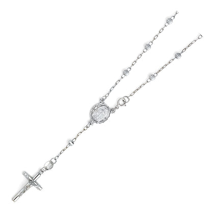 Silver rosary necklace on a white background availabe on TX.ORO website.