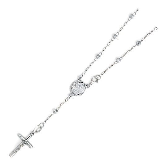 Silver rosary necklace on a white background availabe on TX.ORO website.