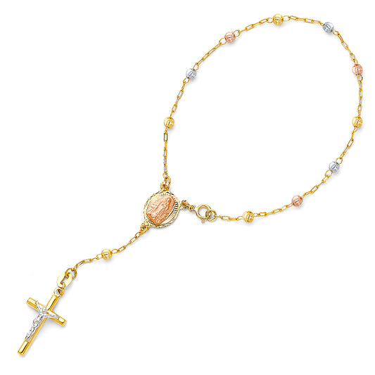 14K Tri-Color Gold Moon Cut Ball Rosary Bracelet - 3mm Beaded Catholic Bracelet
