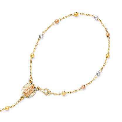 14K Tri-Color Gold Moon Cut Ball Rosary Bracelet - 3mm Beaded Catholic Bracelet