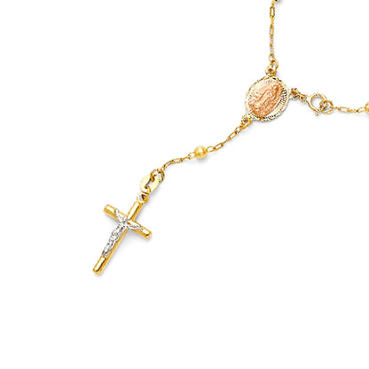 14K Tri-Color Gold Moon Cut Ball Rosary Bracelet - 3mm Beaded Catholic Bracelet