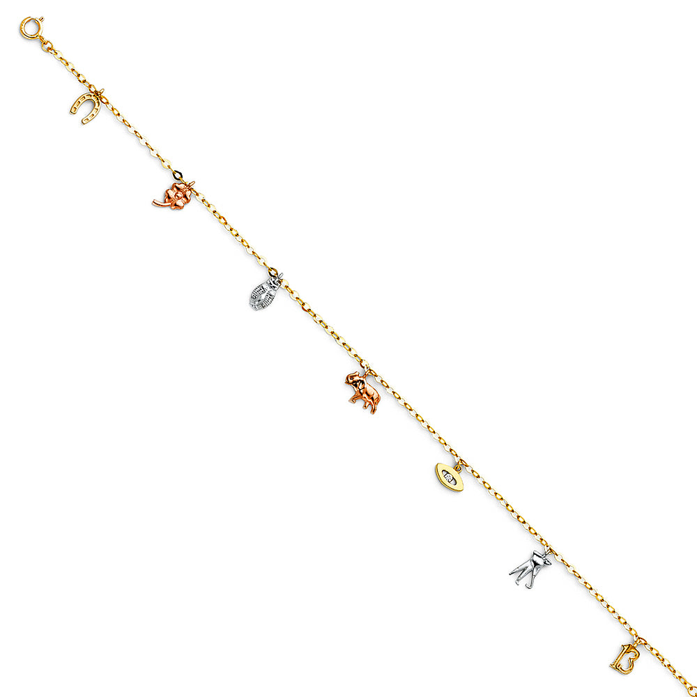 Gold anklet with various charms on a white background available on the TX.ORO website.