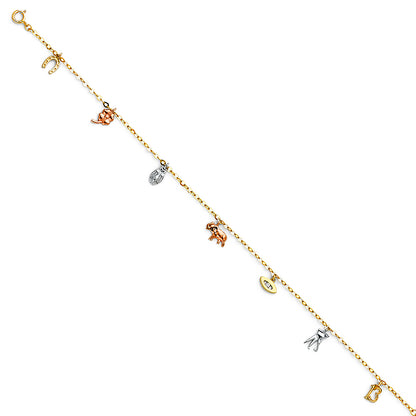 Gold anklet with various charms on a white background available on the TX.ORO website.