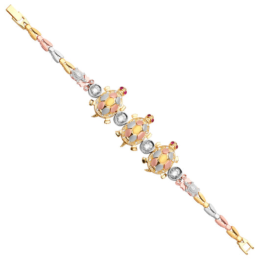 Tri-color gold bracelet with turtle designs on a white background available on the TX.ORO website.