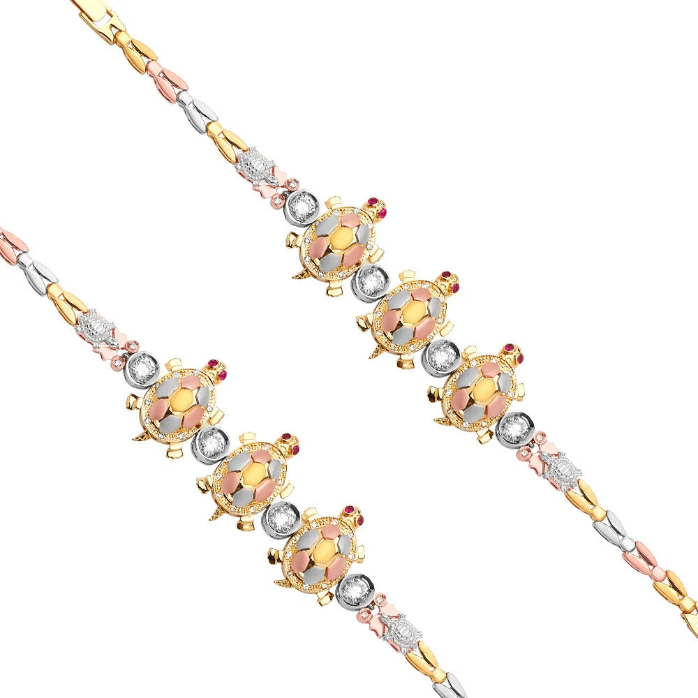 Tri-color gold bracelet with turtle design on a white background available on the TX.ORO website.