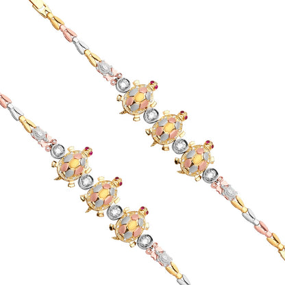Tri-color gold bracelet with turtle design on a white background available on the TX.ORO website.
