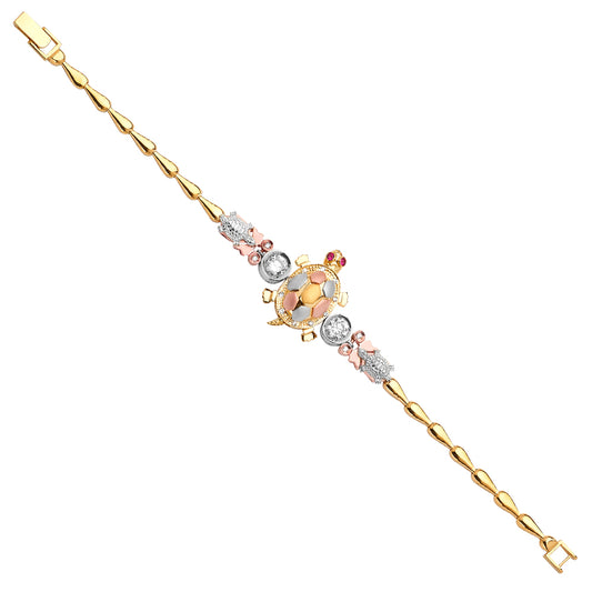 Gold bracelet with a turtle charm on a white background available on the TX.ORO website.