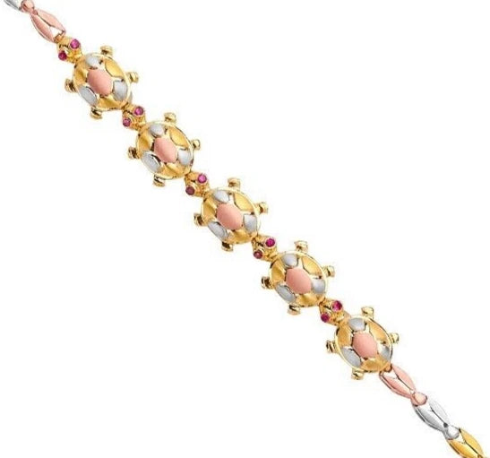 Gold, pink, and white gemstone bracelet on a white background available on the TX.ORO website.