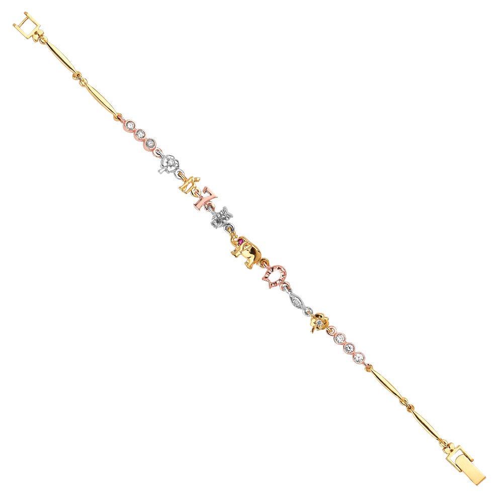 Multicolored bracelet with gold, silver, and rose gold links on a white background available on the TX.ORO website.