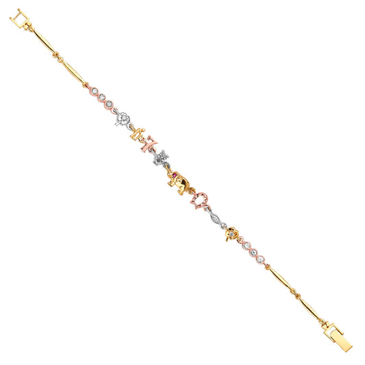 Multicolored bracelet with gold, silver, and rose gold links on a white background available on the TX.ORO website.