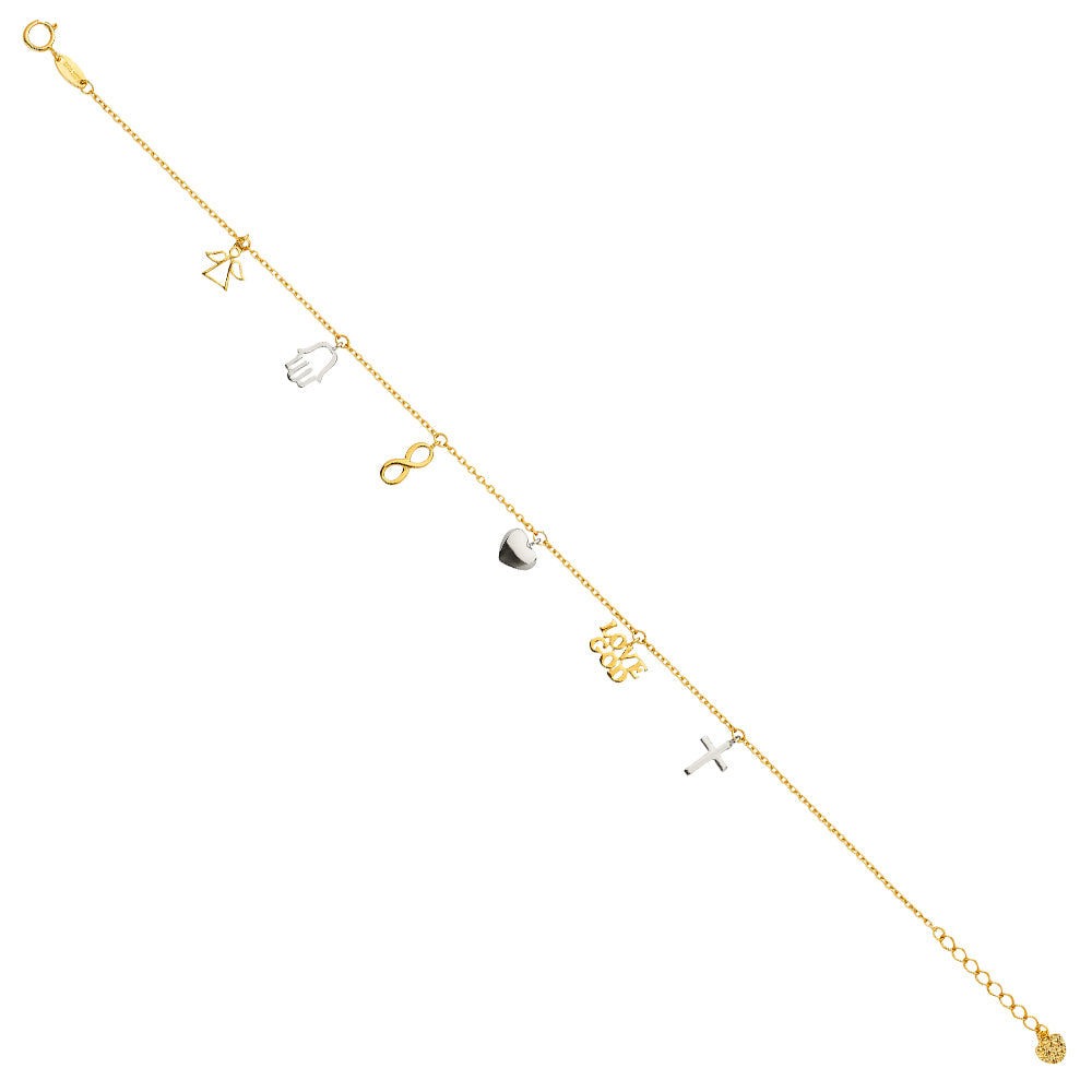 Gold anklet with various charms on a white background available on the TX.ORO website.