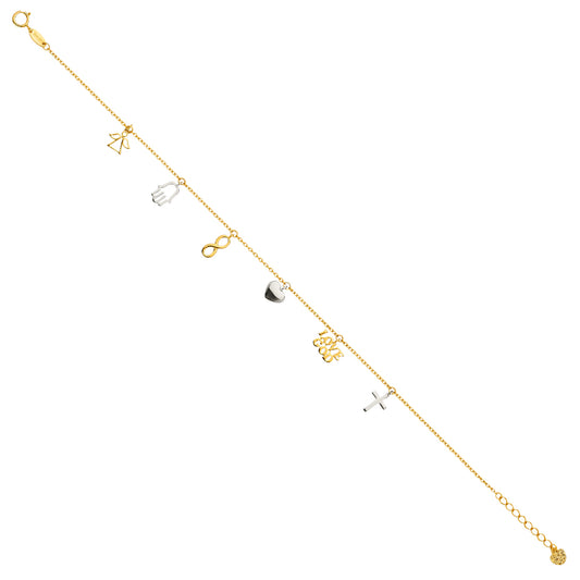 Gold anklet with various charms on a white background available on the TX.ORO website.