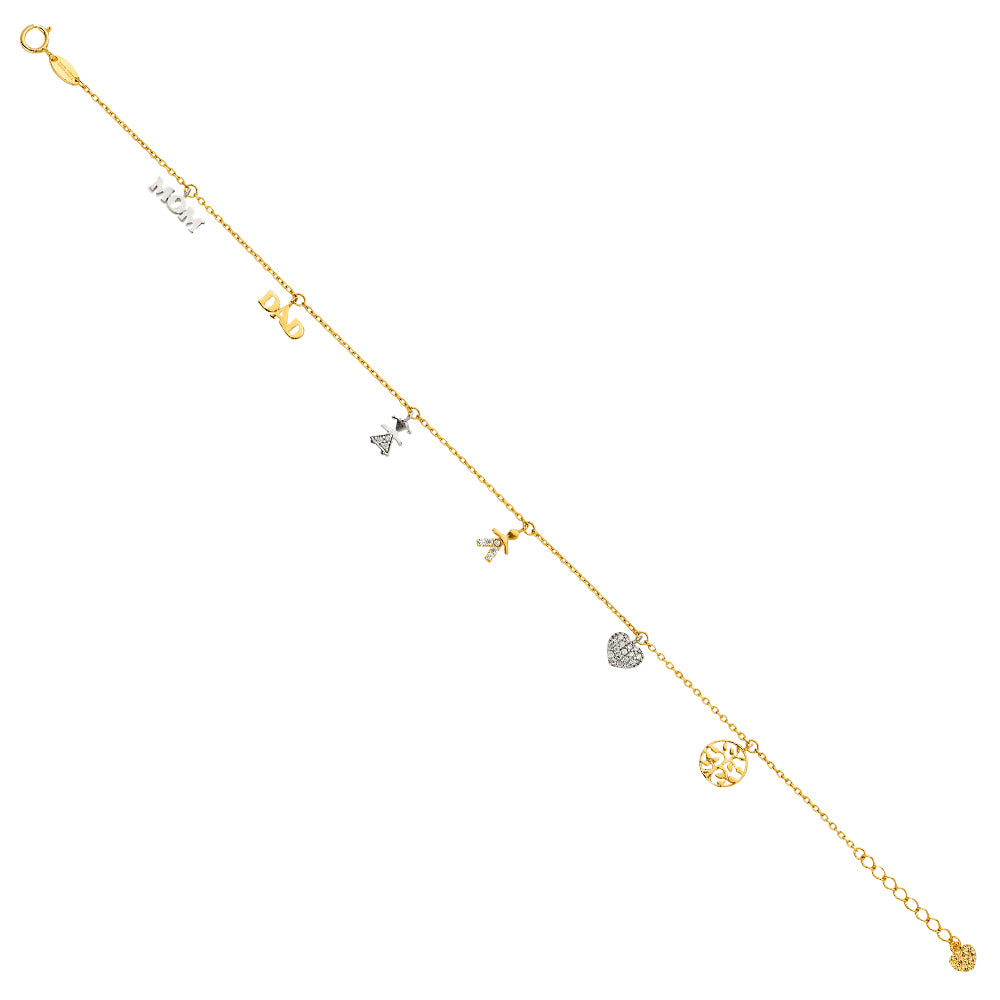 Gold anklet with various charms on a white background available on the TX.ORO website.