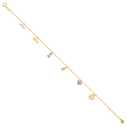 Gold anklet with various charms on a white background available on the TX.ORO website.