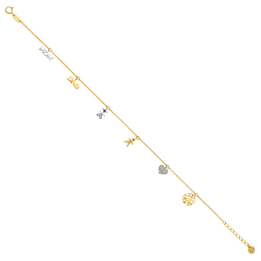Gold anklet with various charms on a white background available on the TX.ORO website.