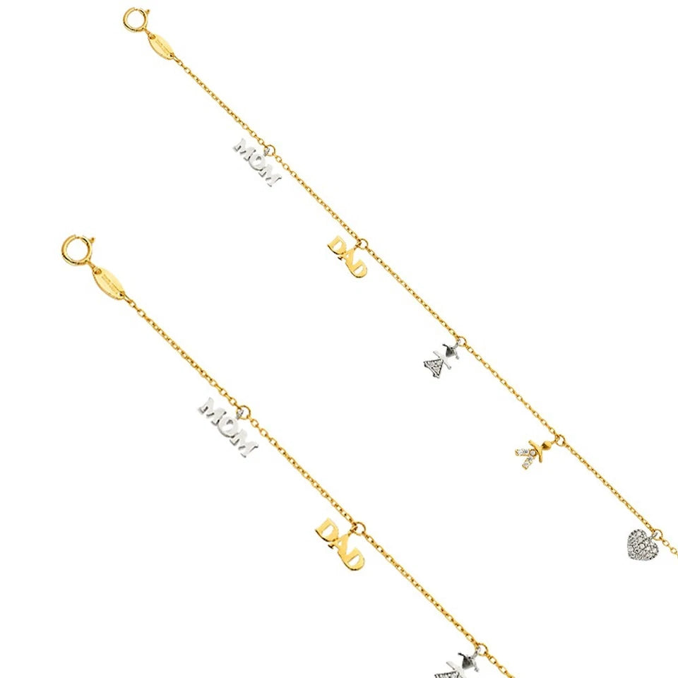 Gold anklets with various charms on a white background available on the TX.ORO website.