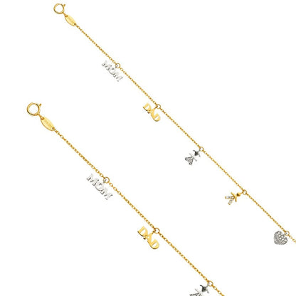 Gold anklets with various charms on a white background available on the TX.ORO website.
