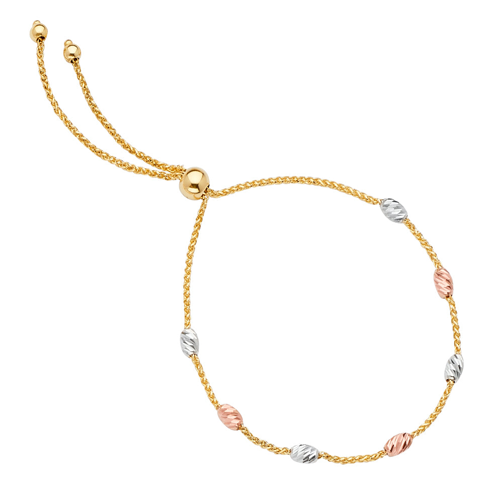 14K Tri-Color Gold Lightweight Adjustable Slider Dainty Chain Bracelet for Women