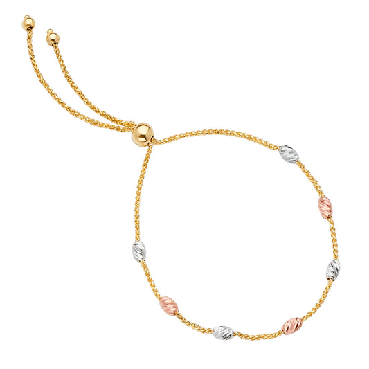 14K Tri-Color Gold Lightweight Adjustable Slider Dainty Chain Bracelet for Women