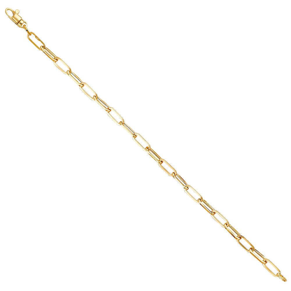 14K Yellow Gold 4.0mm Hollow Paperclip Chain Bracelet 7.25" - Unisex Fine Jewelry