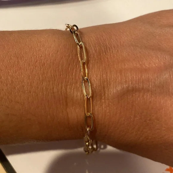 14K Yellow Gold 4.0mm Hollow Paperclip Chain Bracelet 7.25" - Unisex Fine Jewelry