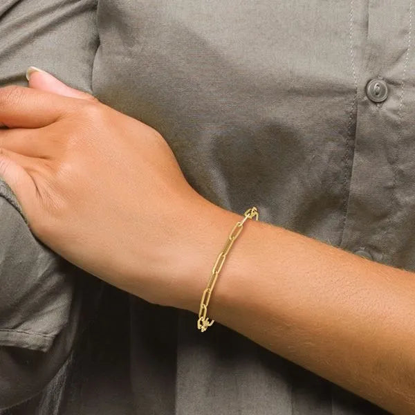 14K Yellow Gold 4.0mm Hollow Paperclip Chain Bracelet 7.25" - Unisex Fine Jewelry