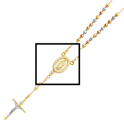 14K Tri-Color Gold 6mm Ball Rosary Necklace for Women & Men - 26" Long Beaded Religious Chain